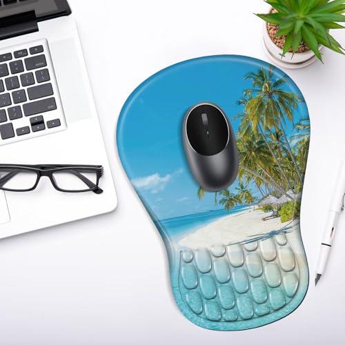 YIWEI Ergonomic Mouse Pad with Wrist Rest for Carpal Tunnel Pain Relief | Memory Foam Wrist Support,Non-Slip Rubber Base, Keyboard Computer Mousepad,Lycra Cloth Surface,Gaming Home Office - color: Beach-2