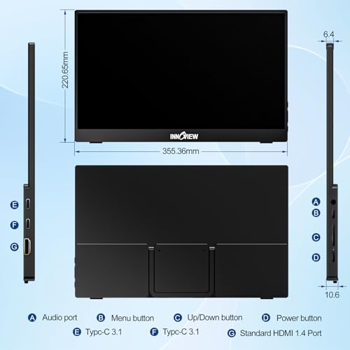 InnoView Portable Monitor 15.6" 1080P for Laptop with Protective Sleeve, Built-in 90° Adjustable Stand USB C HDMI Ultra-Slim Portable Laptop Monitor for MacBook Phone PS Xbox Switch - size: 15.6 Inch
