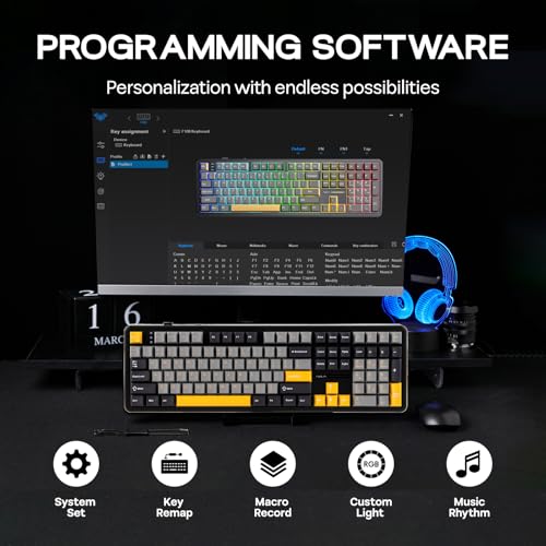 EPOMAKER Aula F108 Wireless Gaming Keyboard, Full Size Mechanical Keyboard with 4000mAh Battery, 108 Hot-Swappable and Programmable Keys, RGB Backlight, for Mac/PC/Android (Grey&Yellow) - color: Grey&Yellow