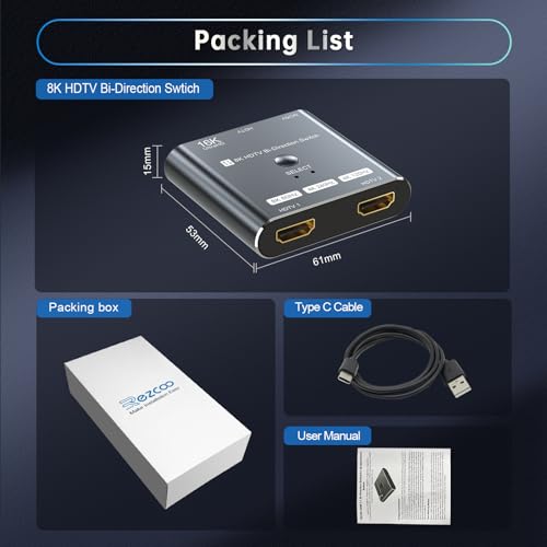 4K 240Hz HDMI 2.1 Bi-Directional Switch - 2 in 1 Out Switcher/1 in 2 Splitter Supports 8K@60Hz & 4K@60Hz,Compatible with PS5,Xbox,Roku Firestick ,Computers,etc