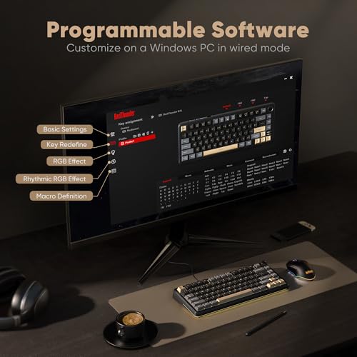 RedThunder K75 Wireless Mechanical Keyboard, CNC Knob, Tri-Mode BT5.0/2.4GHz/USB-C Hot Swappable Custom, Pre-lubed Linear Coconut Switches, Gasket Structure, RGB Gaming Keyboard, Black-Gold - color: Black Gold