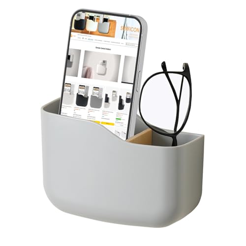 SUNFICON Adhesive Remote Control Holder Universal TV Remote Organizer Caddy Box Tray Wall Mount Media Player Controller Holder Hollow Bottom Slot Easy Phone Charging Home Office Desk Nightstand Gray - color: Gray