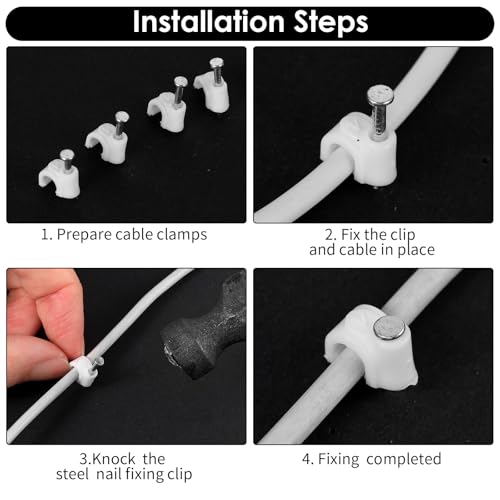 100 Pack Cable Clips with Steel Nails, 4mm White Round Wire Clips, Ethernet Coaxial Cable Clip Cord Clip for Wires on Wall Cables Management Organizer(Compatible with Wire Diameter ≤4mm)