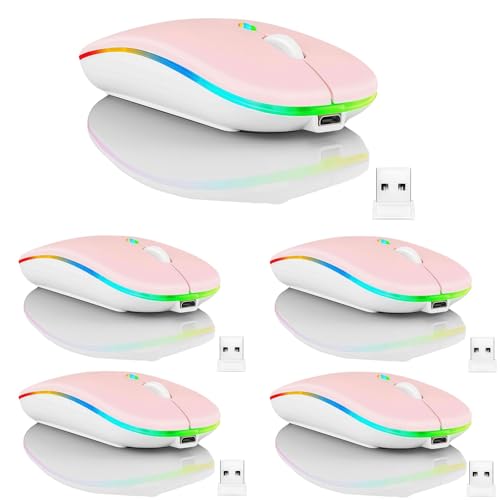 5 Pack Wireless Bluetooth Mouse,LED Dual Mode Rechargeable Silent Slim Laptop Mouse,Portable(BT5.2+USB Receiver) Dual Mode Computer Mice,for Laptop,Desktop Computer,ipad Tablet,Phone,TV (Pink) - color: 5 pack pink