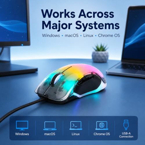 MANHATTAN RGB LED Wired USB Mouse, 12800 DPI, 5 Buttons, Braided | Transparent right-hand USB-A controller with dpi indicator LEDs, quiet wheel and browser thumb keys for PC or laptop