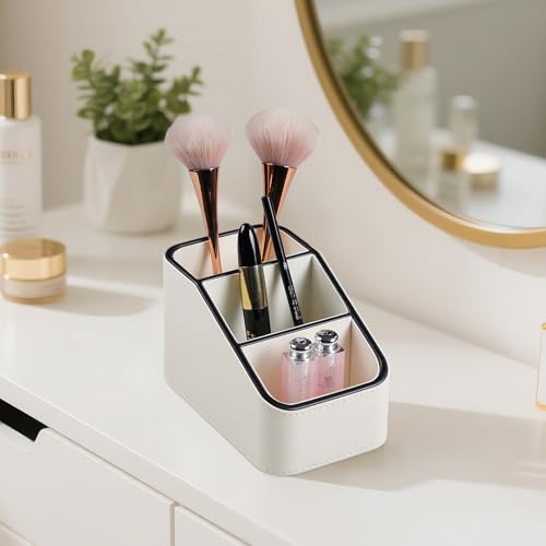 PU Leather Remote Control Holder, Small Desk Organizer Office Supply Bedside Caddy for Nightstand End Table Couch, Pen Remote Organizer with 3 Compartments (Cream) - color: Cream