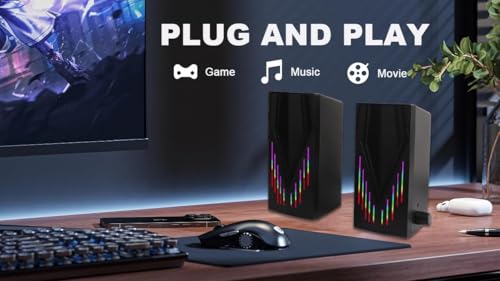Black Wired Computer Speakers, USB Powered Gaming Speakers with Zero-Lag Audio, Dynamic RGB Lighting, 3.5mm Aux Cable for PC Desktop Monitor Laptop Tablet