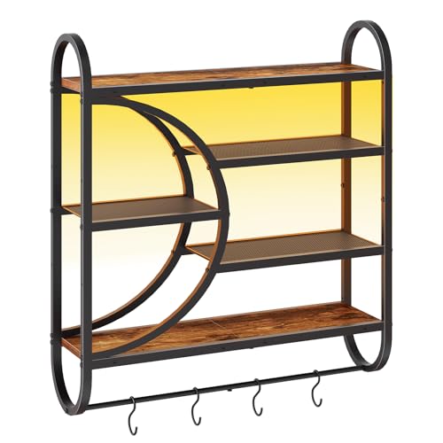 HOOBRO Gaming Floating Shelf with LED Lights, 28.9" LED Wall Mounted Shelf, 5-Tier Display Rack for Wall Storage, Floating Rack with Hanging Rod and 4 S-Hooks, Rustic Brown and Black BF50DBJ01 - color: Rustic Brown + Black