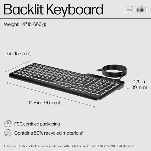 HP 400 Backlit Wired Keyboard (Ash Wired) - Warm White LED Illuminated Keys w/ 3 Brightness Levels - Slim & Portable Design - 12 Programmable Keys - Spill-Resistant, Sanitizable