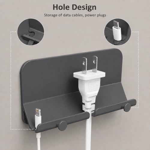 Wall Mount Phone Holder with Cable Hole & Hooks, Adhesive Wall Phone Holder, Phone Charging Dock & Organizer for Bedroom, Bathroom, Kitchen, Office, Dorm & RV (2 Pack- Grey) - color: 2 Pack- G