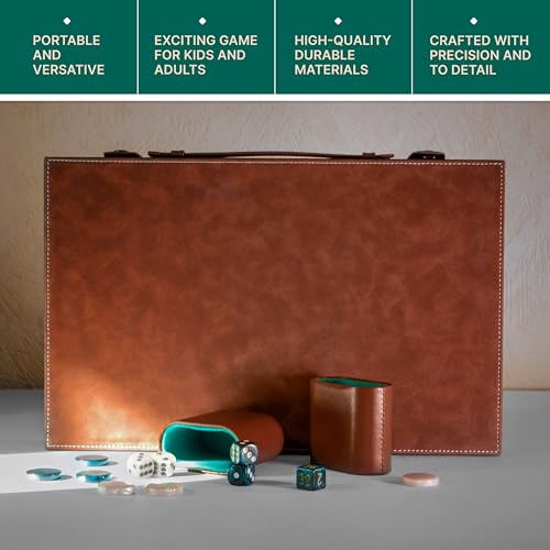Backgammon Sets for Adults 15 Inch – Premium Faux Suede Leather Backgammon Board Game Set with 32 Chips, Dice Cups & Doubling Cube – Portable Travel Backgammon Set