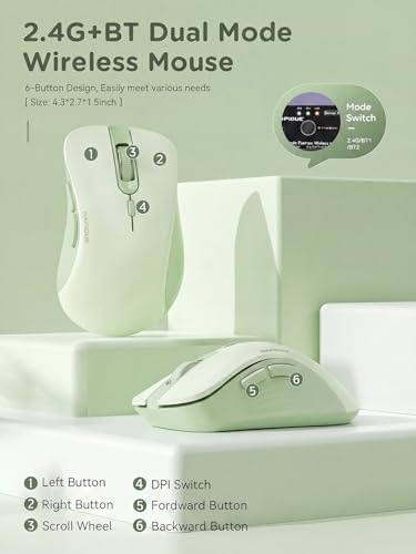 RAPIQUE Bluetooth Wireless Mouse, Dual Bluetooth & 2.4GHz USB Receiver, Right-Hand Design, Quiet Clicks, Low Power, Multi-Device Compatibility for MacBook, Laptop, Computer, iPad, PC - Sage Green - color: Sage Green