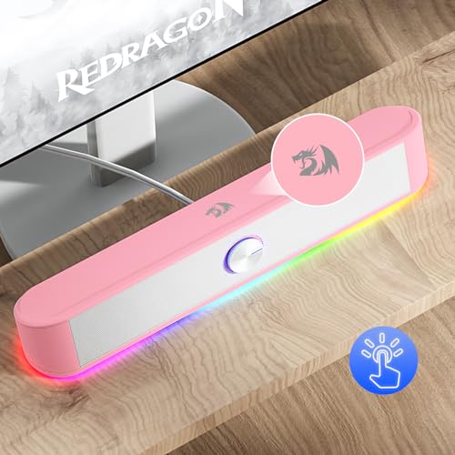 Redragon GS560 RGB Desktop Soundbar, Dynamic Lighting Bar with Audio Sync | 2.0 Stereo Enhanced Auido Quality, Touch-Control Backlit, Volume Knob, Plug & Play USB Powered Computer Speaker - color: Pink