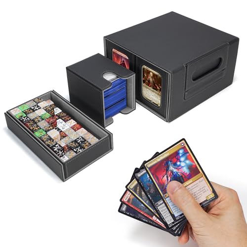 AFIING Commander Deck Box for MTG/EDH, Fits 400+ Double-Sleeved Cards, with Display Window, 4 Removable Deck Cases, Dividers, Dice Tray & Handle, Card Holders for TCG (Black Grey) - color: Black Grey