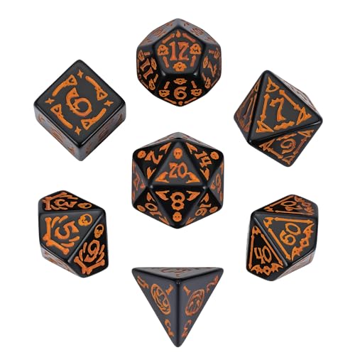 7-Die DND Dice Set Scary Pattern Polyhedral Dice Set with Leather Bag, Skull Dice D&D Dice Set for RPG Table Games. (Scary Pattern-Black) - color: Halloween Pattern-black