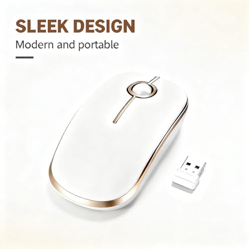 Unipows Wireless Mouse-2.4G Slim Portable Computer Mouse, White Gold | Nano Receiver, Less Noise Mobile Optical Mice for Notebook, PC, Laptop, Desktop - color: White and Gold