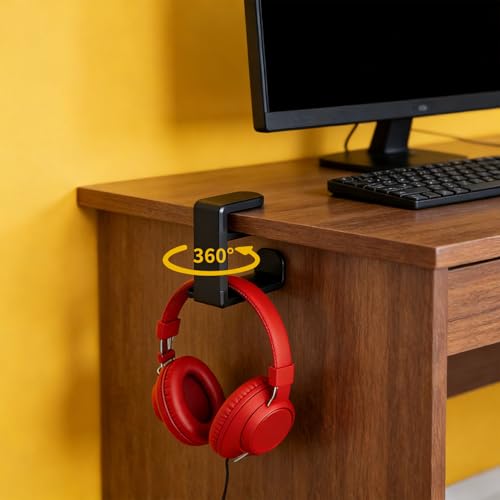 Under Desk Headphone Hanger & Cable Clip, Adjustable Clamp On Headset Stand Holder 360 Swivel, Gaming Setup Accessories for PC Gamers, Multi-Purpose Hook for Bags & Office Organization