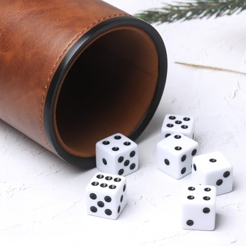 Brown PU Leather Dice Cup Set, Felt Lined Dice Shaker with 6 Dice for Liars Farkle Yahtzee Game, 2 Pack - color: Patterned Brown