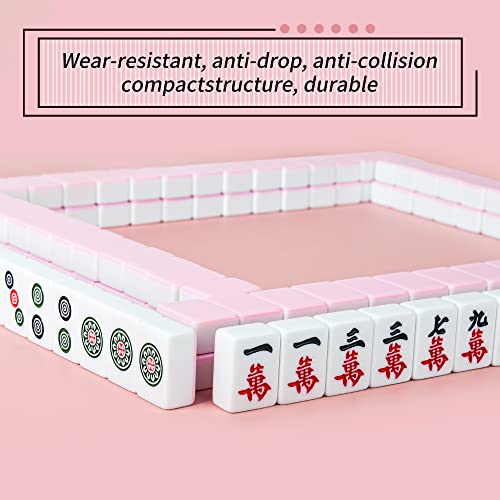 Chinese Pink 1.17 inches Compact Mahjong Set, Travel Small Size, 144 + 8 Blank Melamine Tiles, with Portable Travel Handbag Complete Mahjong Game Set - color: Pink