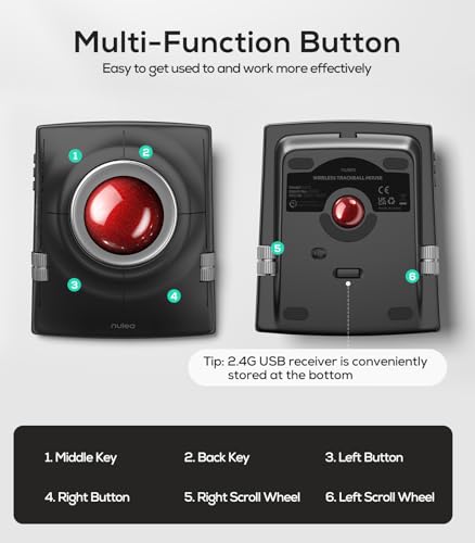 Nulea Wireless Trackball Mouse, Ergonomic 55mm Trackball, 4 Level Adjustable DPI for Precise Control, Left or Right Hand Compatible, Rechargeable, Multi-Device Bluetooth & 2.4GHz for PC, Laptop - color: A-Red
