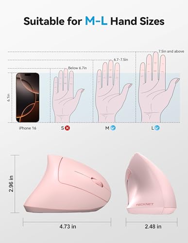 TECKNET Ergonomic Mouse Wireless, Rechargeable Vertical Mice Right Hand | 2.4G+Bluetooth, Multi Device, 4800 DPI Adjustable, Optical Carpal Tunnel Mouse, for Laptop, PC, Computer, MacBook, iPad, Pink - color: Pink