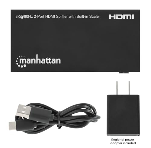 Manhattan HDMI Splitter with Scaler 1 in 2 Out, 8K 60Hz 4K 120Hz, EDID Control, HDR, HDCP 2.3, 48 Gbps, Metal Housing - 208468 - size: 1 In x 2 Out