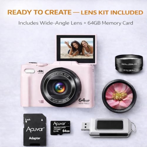 Acuvar 4K Digital Camera for Photography, 64MP Vlogging Camera with Flip Screen, WiFi, Wide Angle Lens, 16X Zoom, Compact Camera for YouTube, Travel, Beginners with 64GB Card - style: Starter Camera Kit