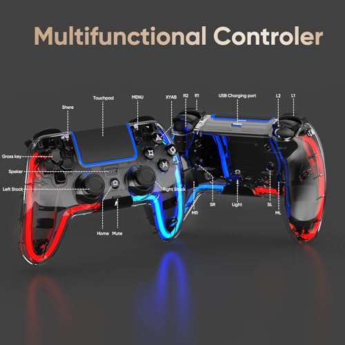 BETMI Wireless Controller for PS5, Pro/Slim/MAC/Steam Deck/PC (Transparent) | Hall Effect Joysticks,Dual Vibration, Marco/Turbo, 3.5mm Audio Jack, 6-Axis Gyro, LED Gamepad with Speaker, L Red R Blue