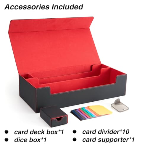 MTG Deck Box Holds 5 Display Card Deck Boxes with Playmat and Dice Box,Includes 10 colorful dividers and 1 card supporter, Trading Card Storage Box For Magic Game Cards (Black and Red) | Holds 5 Deck Boxes (not included)/650 Single/520 Double-Sleeved Card