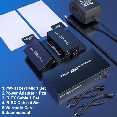 4K @60Hz HDMI Extender Splitter 1x4 Video by CAT5 CAT6 CAT7 Ethernet Cable | Extend 196ft, with IR, Support HDR10-Loop Out-Poc, Work with large UHD TVs, for Church, Classroom, Sports Events - size: 1x4 4K60Hz 196ft