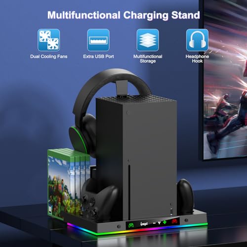 LED Cooling Stand & Charging Station for Xbox Series X Console | Cooling Fan Station for Xbox Series X Accessories with 2X 1400mAh Rechargeable Controller Battery Pack, 15 Light Modes - color: Carbon Black