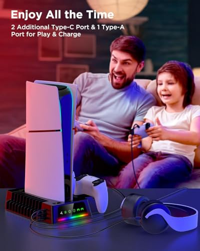 YOGES PS5 Cooling Station with Temperature Sensor, 2H Fast PS5 Dual Controller Charger Station, PS5 Stand Charging Station Accessories Cooler Fan for PlayStation 5