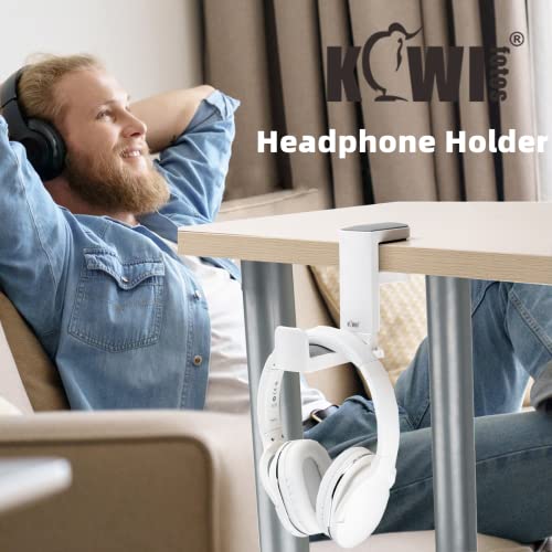 KIWIFOTOS Headphone Stand Holder Under Desk, PC Gaming Headset Hook Hanger Mount with 360 Adjustable Rotating Arm Clamp & Built in Cable Clip - White | Fits 0.4-1.6" desks, 2.4" headbands. 360° arm swivels. Built-in cable clip. Soft silicone pad. White. L