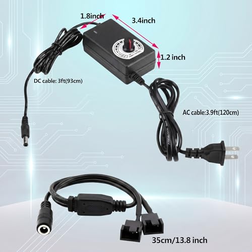Delinx 12V PC Fan Speed Controller, AC Plug with 2X 4-Pin Splitter Cable | 24W Power Adapter, Compatible 2/3/4-Pin, Case Cooling Project for PC Server Cabinet DVR TV Router Receiver Xbox Greenhouse