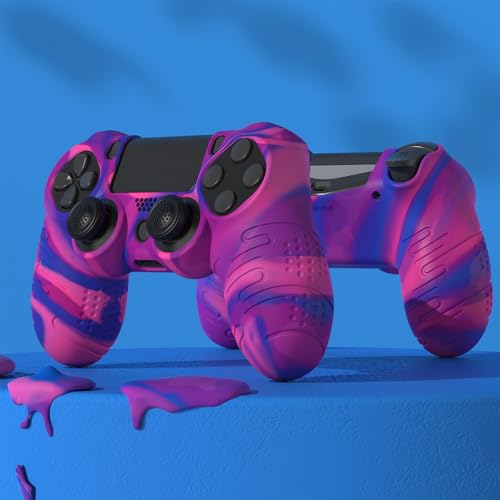 PlayVital Line & Dot Pink & Purple & Blue Silicone Cover Skin for ps4 Controller, Anti-Slip Soft Protector Case Cover with Thumb Grip Caps - color: Pink Purple Blue