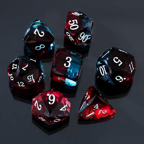 Resin DND Dice Set, 7 Pieces Handmade Sharp Edge Polyhedral Dice for Role Playing Game, Dice Accessory for D&D RPG Players and Starters d4 d6 d8 d10 d12 d20 with Gift Box (Red and Blue) - color: Red and Blue
