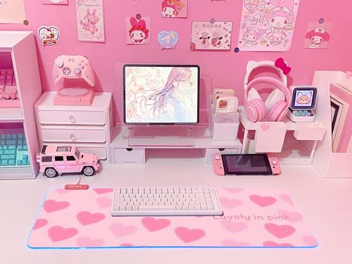JMIYAV Pink Love Heart RGB Gaming Mouse Pad 31.5x12 Inch Cute Mousepad PC XL Large Extended Glowing Led Light Up Desk Pad Non-Slip Rubber Base Computer Mat Desk Accessories Gaming Setup Sweet Hearts - color: Sweet Hearts