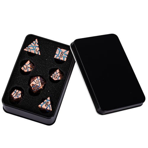 Cracked Rune Metal Dice Set for DND & RPG – Dark Fantasy Fractured Design, Premium Heavy Metal Polyhedral Dice with Deep Engraved Numbers, 7-Piece Set – Blue Arcane Vein - color: Antique Copper Bright Blue