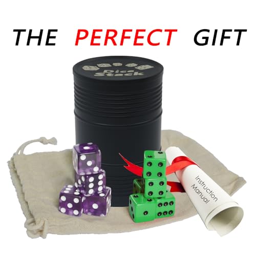 Graduation Gift Dice Stacking Cup Set with 4 Pcs 19mm Purple and 5 Pcs 18mm Green Standard 6 Sided Dices Straight Dice Cup with Storage Bag Dice Cup Shaker with Magic Tricks Instruction Black