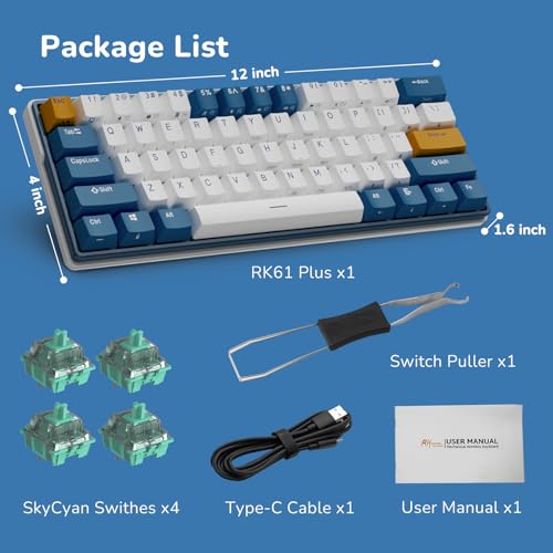 RK ROYAL KLUDGE RK61 Plus Wireless Mechanical Keyboard, 60% Percent Gaming Keyboard w/Bluetooth/2.4G/USB Wired, Hot Swappable PC Game Keyboards with USB Hub, Quiet Linear SkyCyan Switches, White