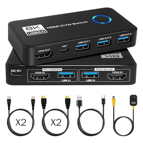 USB 3.0 8K@60Hz KVM Switch 1 Monitor 2 Computers - 4K@120Hz HDMI 2.1 KVM Switches with 3 Ports for Sharing Monitor Keyboard Mouse Hard Drives and Printer Includes 2 HDMI & USB Cables and Controller