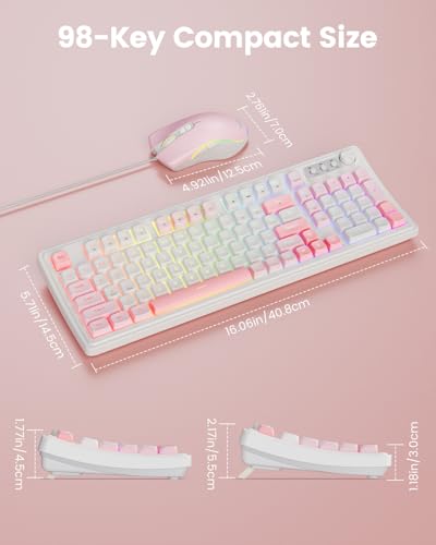 SABLUTE Gaming Keyboard and Mouse, Quiet Membrane with RGB Backlit - Pink | PC Gaming Keyboard with Multimedia Knob, Anti-Ghosting, Ergonomic Wrist Rest & 3200 DPI Mouse for Gamer/Office - color: Pink-White