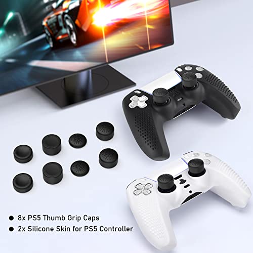 PS5 Controller Skin, Anti-Slip Soft Silicone Protective Cover Case for PlayStation 5 Controller Grip Accessories, 2 Pack with 8 x Thumb Grip Caps (Black&White) - color: Black&White