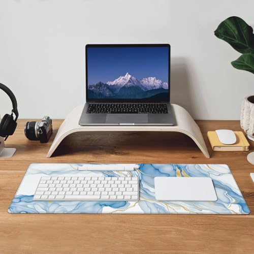 Large Mouse Pads for Desk, Extended Marble Gaming Mousepad for Women Office Gifts, Funny XL Big Stitched Waterproof Nonslip Computer Mats Deskmat for Keyboard, (Light Blue and White, 31.5 * 11.8 In) - color: Light Blue and White Marble
