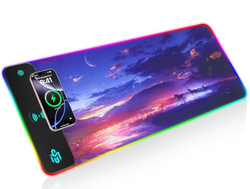 Mouse Pad Gaming Wireless Charging, 800x300x4mm Extended Desk Mat with 10 RGB Light Modes, Non-Slip Rubber Base, Waterproof Computer Keyboard Mat for Gamer, PC, Laptop, Office, Twilight Blue-Purple - color: Twilight Blue-Purple