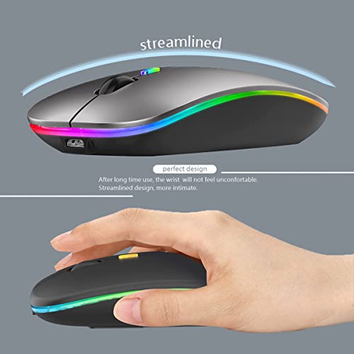 WREANU Wireless Bluetooth Mouse Rechargeable Laptop Mice with LED Lights Silent Slim Use(BT5.2 and 2.4G Portable USB) Dual Mode Computer Mouse for Laptop/iPad/Tablet/Apple/Computer/Mac (Grey) - color: Grey