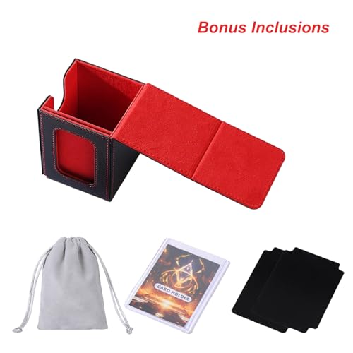 AFIING MTG Deck Box for Commander Display,Card Deck Box Fits 100 Double Sleeved Cards, Magic Commander TCG Card Storage Box with 2 Dividers,Drawstring Bag and 1 Toploader(Black/Red) - color: Commander Black Red
