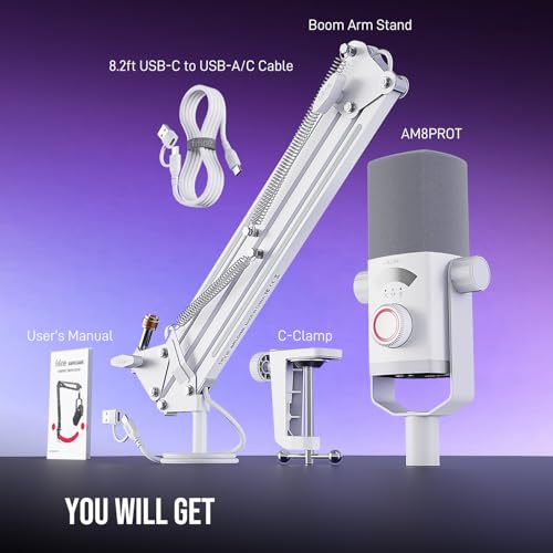 FIFINE AM8PROTW Streaming Microphone Kit for Gaming, XLR/USB Dynamic Mic | PC Microphone with RGB Boom Arm Stand, Mute Tap, 3-in-1 Volume Knob, Audio Balance, for Podcast Vocal, White - color: White