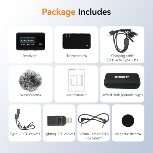 SVBONY D4 4-Person Wireless Lavalier Microphones Systems for Interviews | Compatible with iPhone Android Camera, Safety Track, 656ft Range, 2-Level Noise Reduction, Magnetic Mount
