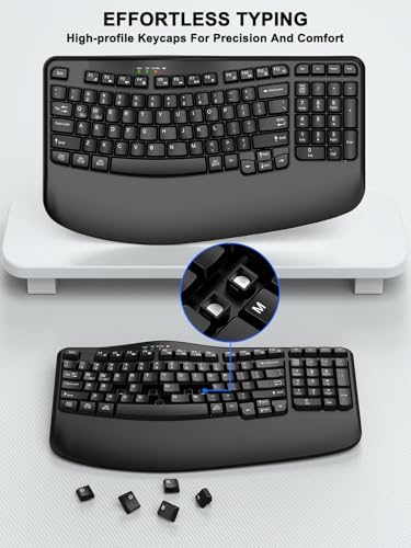 EDJO Wireless Ergonomic Keyboard with Wrist Rest, Wave Keys | Comfortable Natural Typing, Multimedia Hotkeys,2.4GHz,For Large Hands,Windows, Mac, Laptop, PC